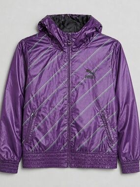 Puma Lifestyle Purple Hooded Windbreaker Jacket Striped Fits S>M Vintage Style